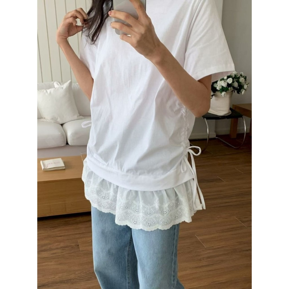 🇰🇷 𝔾𝕣𝕒𝕔𝕖 𝕊𝕥𝕦𝕕𝕚𝕠♡上衣♡拼接蕾絲裙抽繩T恤-細節圖5