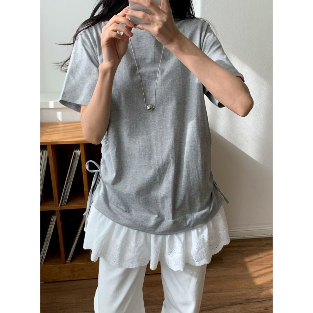 🇰🇷 𝔾𝕣𝕒𝕔𝕖 𝕊𝕥𝕦𝕕𝕚𝕠♡上衣♡拼接蕾絲裙抽繩T恤-細節圖6
