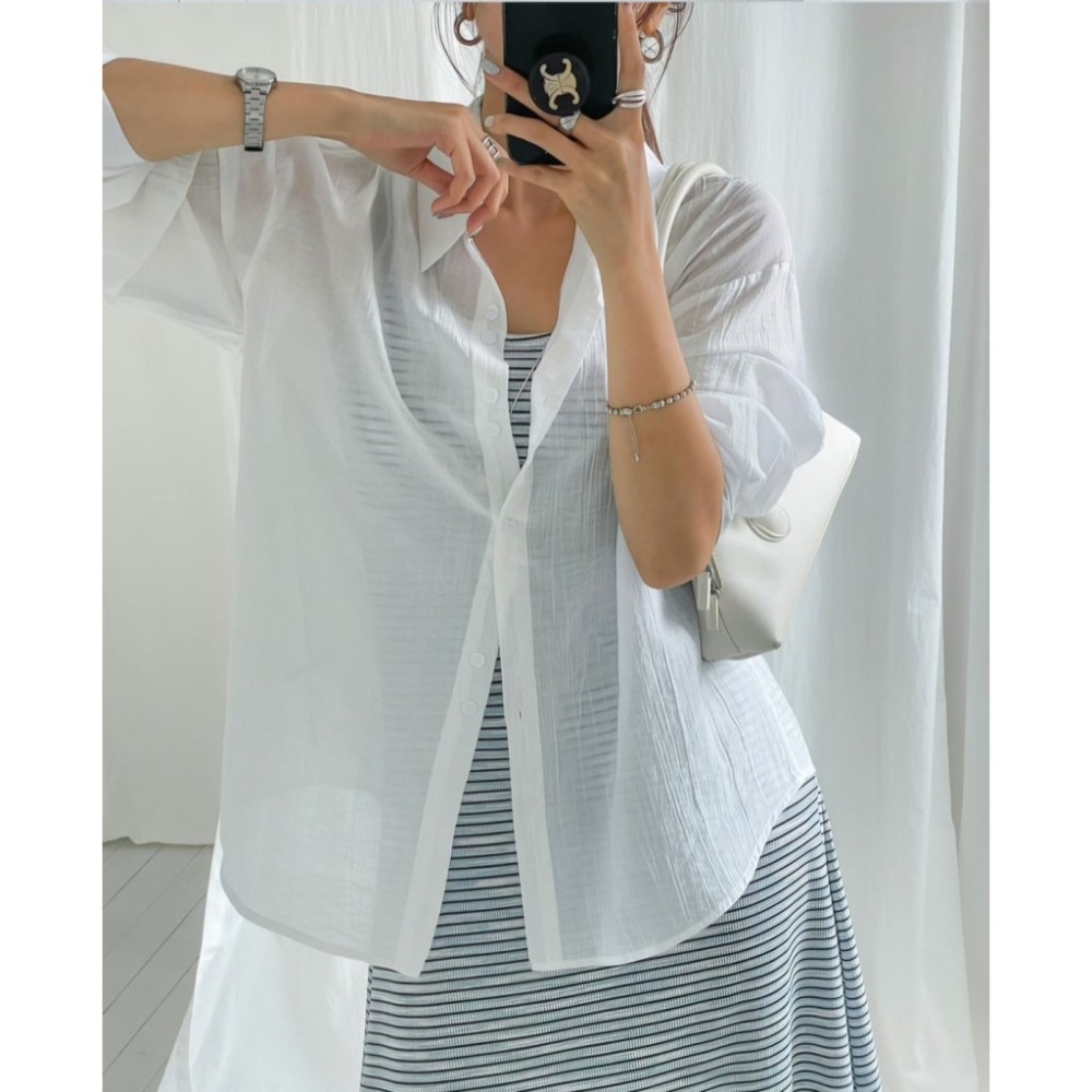 🇰🇷 𝔾𝕣𝕒𝕔𝕖 𝕊𝕥𝕦𝕕𝕚𝕠♡套裝♡透膚襯衫＋條紋長洋SET-細節圖4