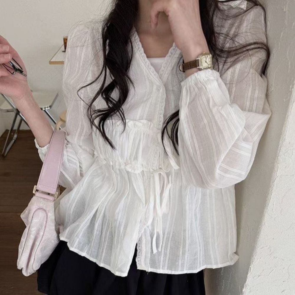 🇰🇷 𝔾𝕣𝕒𝕔𝕖 𝕊𝕥𝕦𝕕𝕚𝕠♡上衣♡蕾絲綁帶荷葉上衣-細節圖4