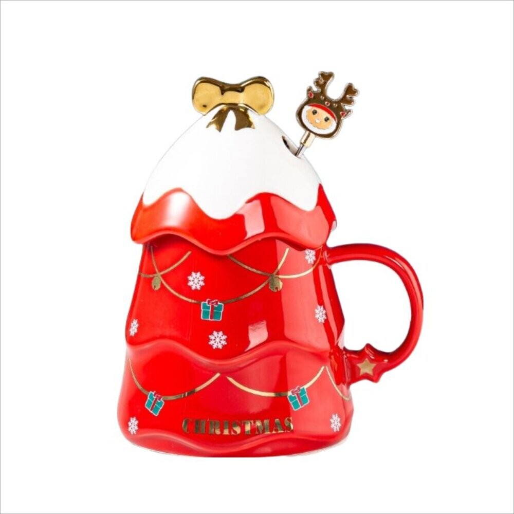 【實體店+發票】聖誕樹陶瓷杯 交換禮物 聖誕樹馬克杯 附蓋子攪拌棒 聖誕咖啡杯 彩盒包裝 送禮-細節圖2