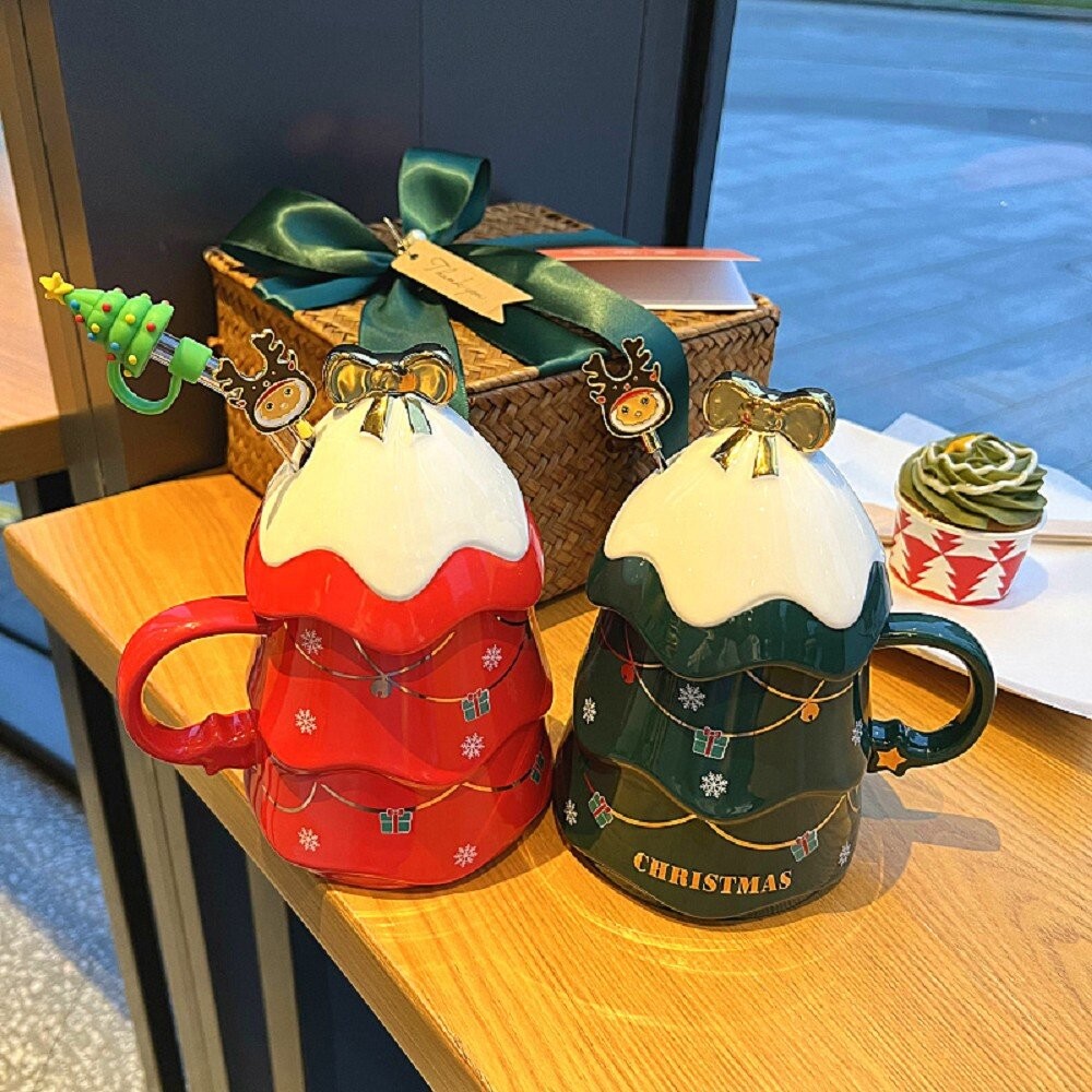 【實體店+發票】聖誕樹陶瓷杯 交換禮物 聖誕樹馬克杯 附蓋子攪拌棒 聖誕咖啡杯 彩盒包裝 送禮-細節圖3