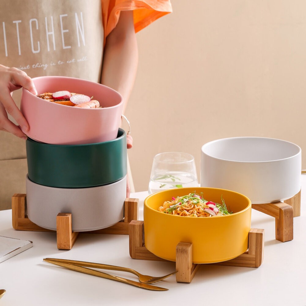 【實體店+發票】北歐風多用途木架陶瓷 花盆木架 木架沙發碗 木架寵物碗 陶瓷花盆 水培花盆 微波烤箱碗 送禮-細節圖5