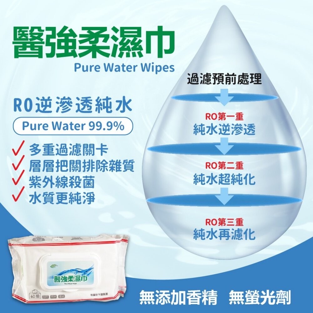 【實體店+發票】醫強》純水柔濕巾 無酒精無防腐劑濕紙巾 蓋裝加厚 60抽/包 紫外線無菌處理 送禮-細節圖4