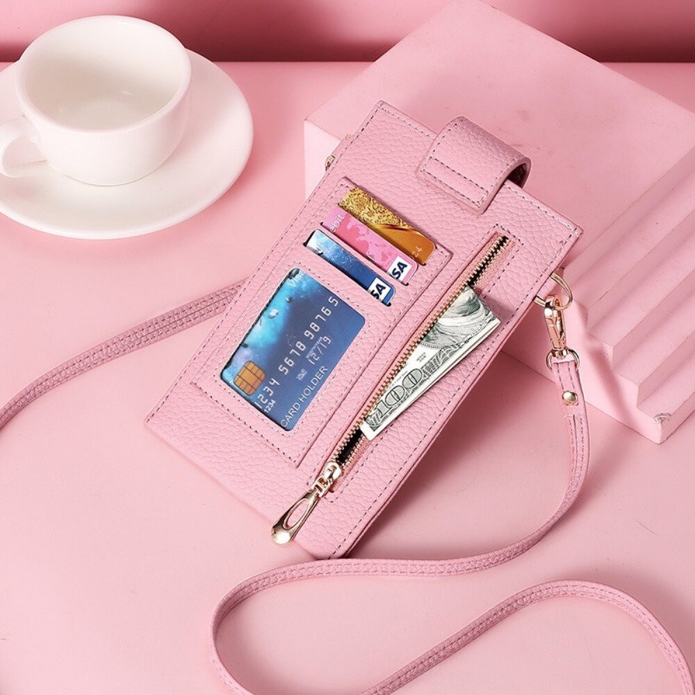 【實體店+發票】荔枝紋輕薄手機包 韓版迷你手機錢包 掛袋背帶 頸掛斜跨包 側背包 單肩女包 旅行錢包 送禮-細節圖2