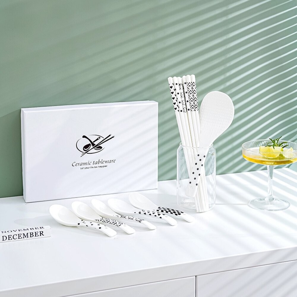 【實體店+發票】赫本風陶瓷餐筷組 陶瓷餐具 筷子湯匙飯匙 質感禮物 交換禮物 加厚硬殼禮盒 送禮-細節圖2
