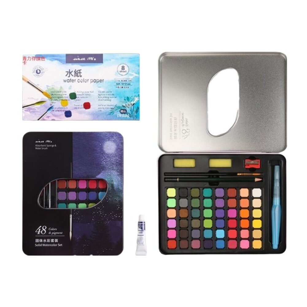 【實體店+發票】固體水彩顏料 水彩粉餅組 36色 48色 水彩鐵盒組 水彩初學者 水彩工具 送禮-細節圖2