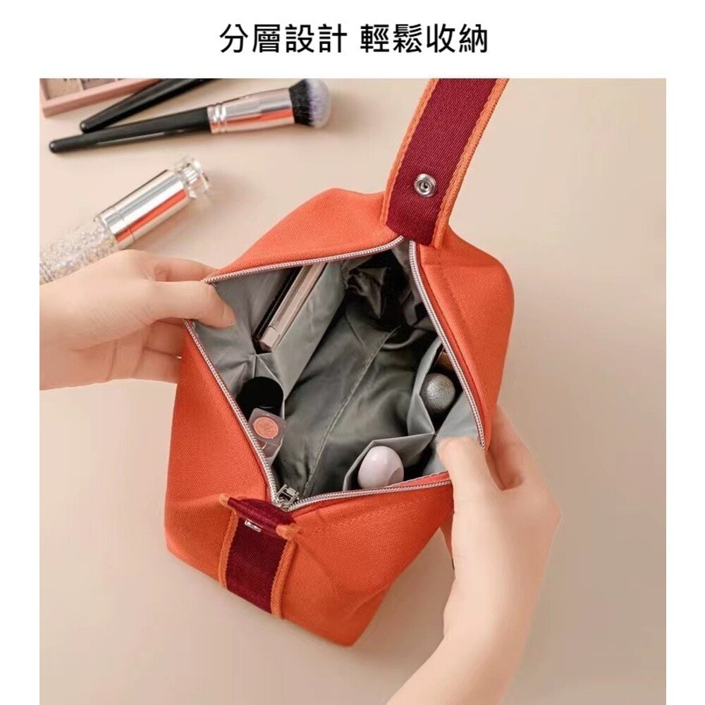 【實體店+發票】織帶手提帆布化妝包 便攜手提化妝包 字母簡約化妝包 大容量 收納包 送禮-細節圖2