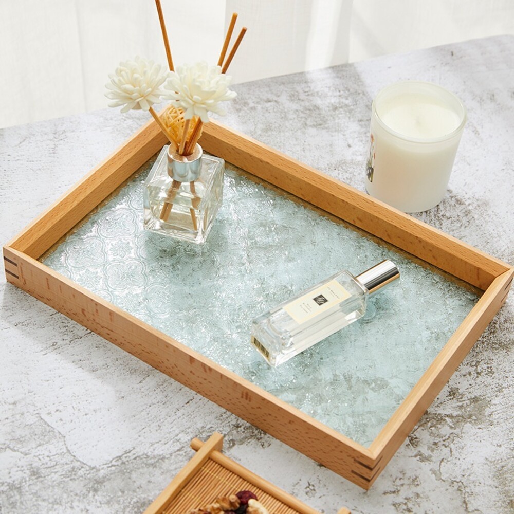 【實體門市】復古窗花托盤 胡桃木鋼化玻璃托盤 海棠壓花托盤 日式木質托盤 開贈品-細節圖3