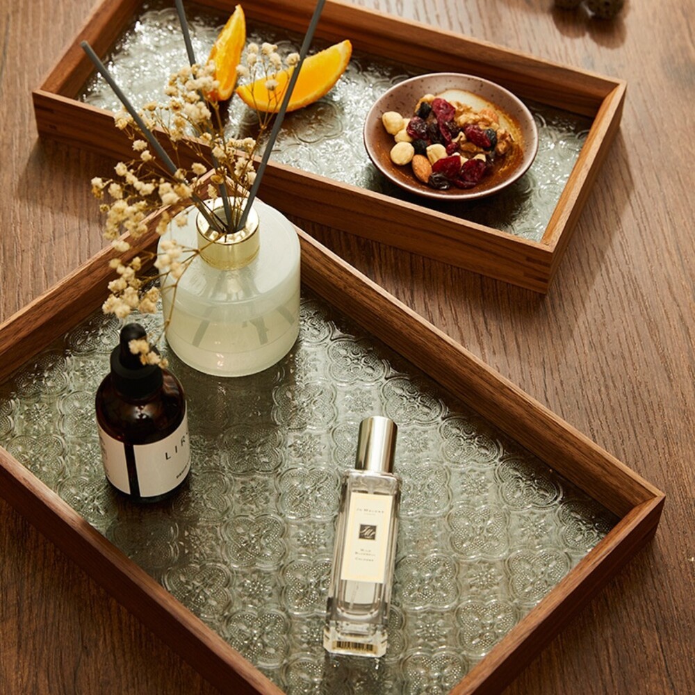 【實體門市】復古窗花托盤 胡桃木鋼化玻璃托盤 海棠壓花托盤 日式木質托盤 開贈品-細節圖4