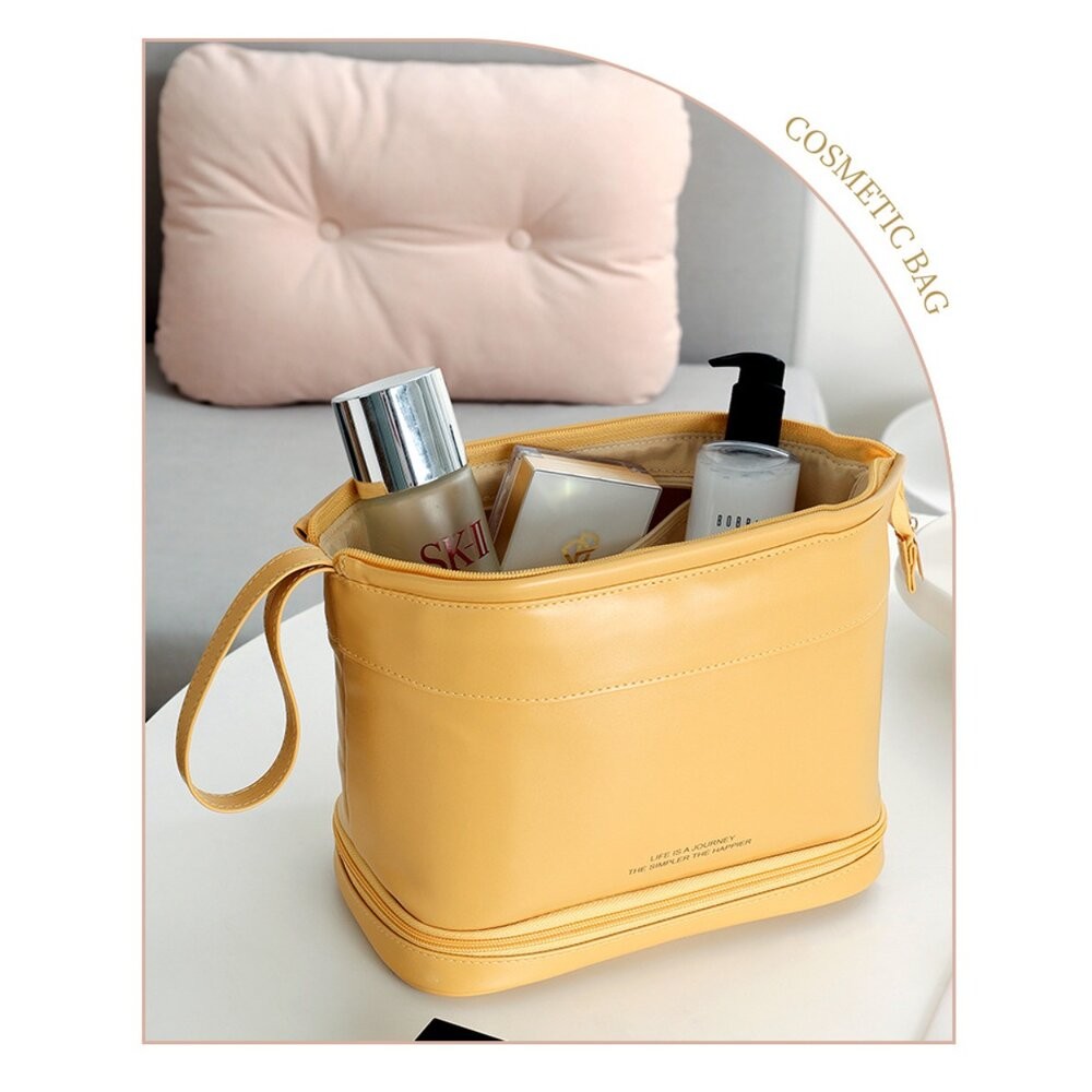 【實體店+發票】雙層皮革質感化妝包 防波水 大容量旅行洗漱包 化妝品收納包 防水化妝包 送禮-細節圖5
