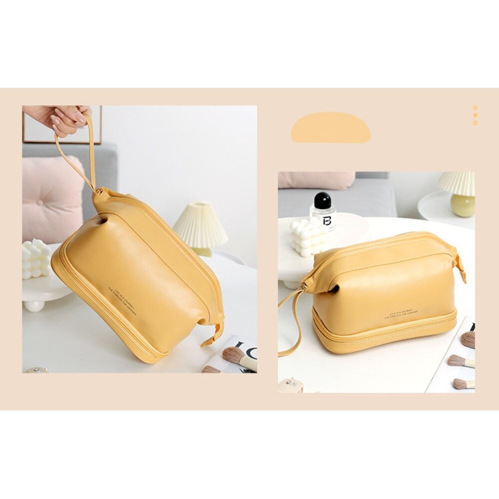 【實體店+發票】雙層皮革質感化妝包 防波水 大容量旅行洗漱包 化妝品收納包 防水化妝包 送禮-細節圖6