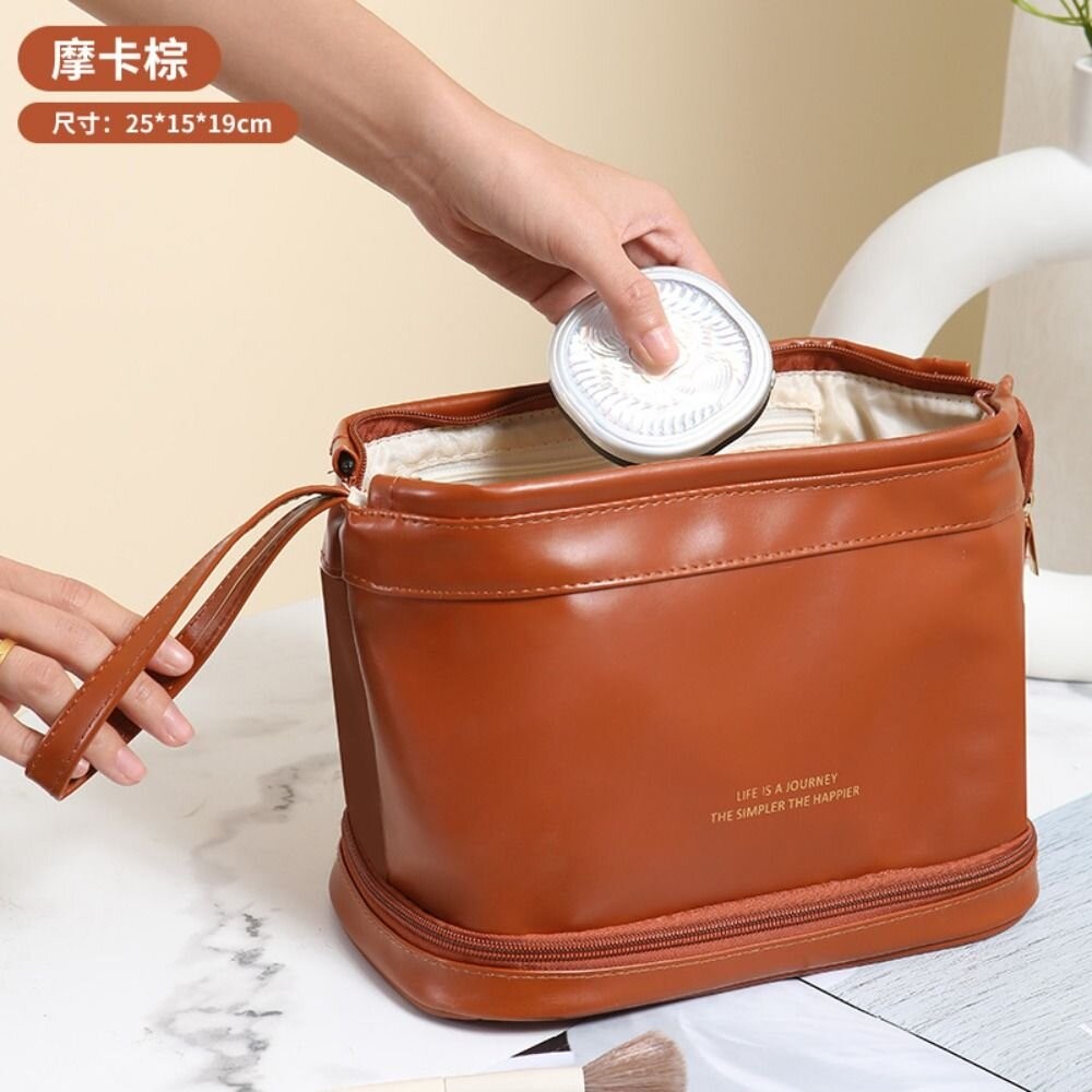 【實體店+發票】雙層皮革質感化妝包 防波水 大容量旅行洗漱包 化妝品收納包 防水化妝包 送禮-細節圖11