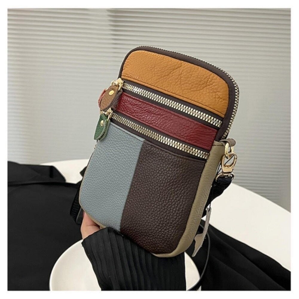 【實體店+發票】個性拚色真皮斜跨包 頭層牛皮 百搭小挎包 手機包 氣質女孩單肩小包 送禮-細節圖6