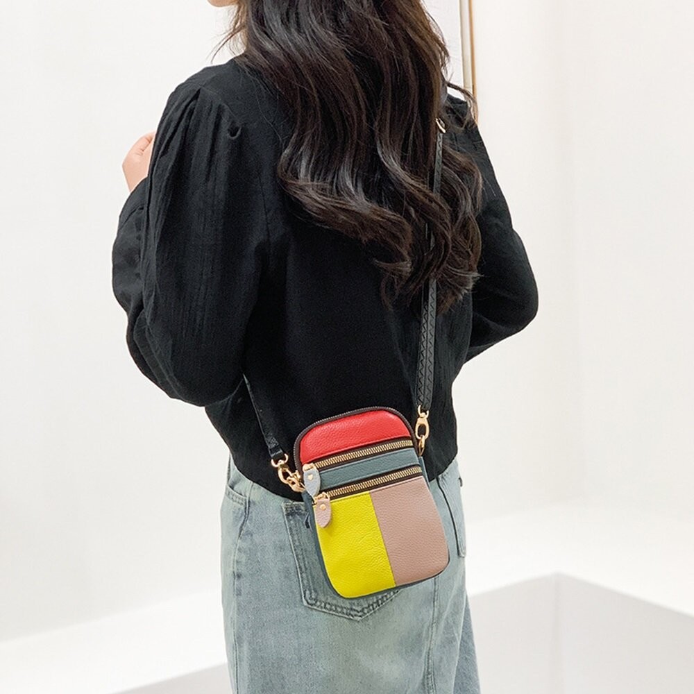 【實體店+發票】個性拚色真皮斜跨包 頭層牛皮 百搭小挎包 手機包 氣質女孩單肩小包 送禮-細節圖4