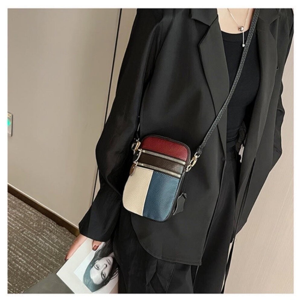 【實體店+發票】個性拚色真皮斜跨包 頭層牛皮 百搭小挎包 手機包 氣質女孩單肩小包 送禮-細節圖3