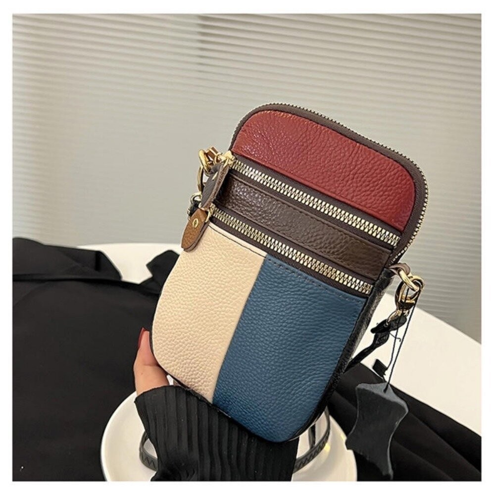 【實體店+發票】個性拚色真皮斜跨包 頭層牛皮 百搭小挎包 手機包 氣質女孩單肩小包 送禮-細節圖10