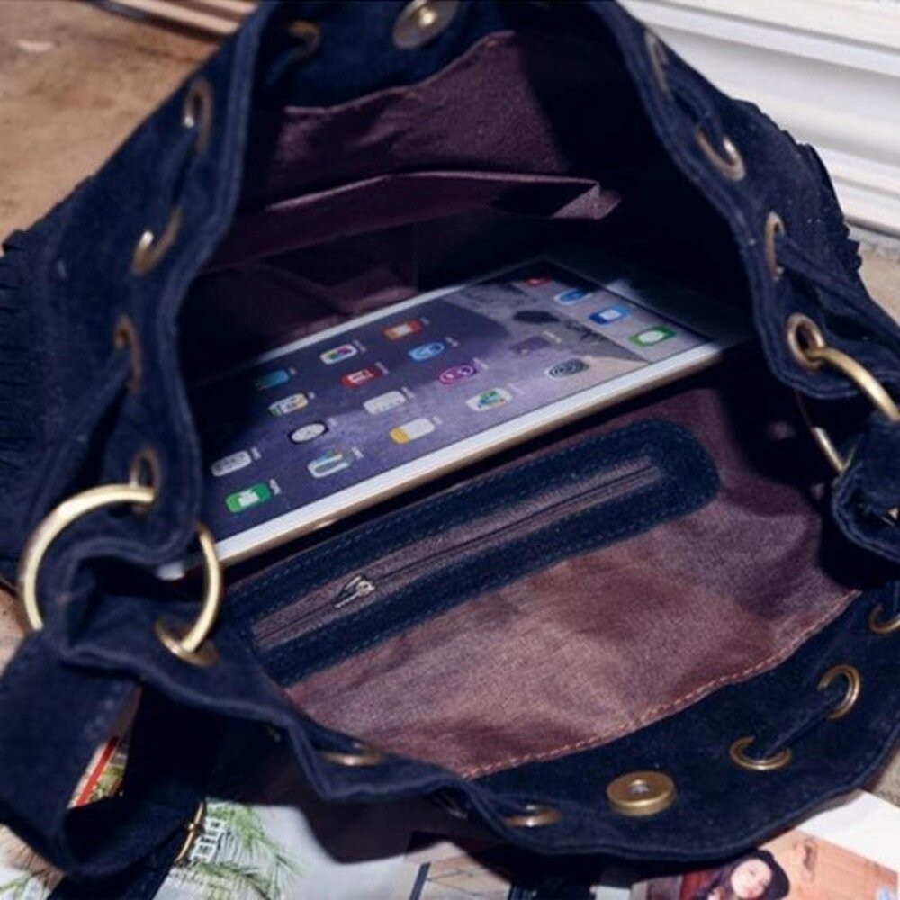 【實體店+發票】簡約復古流蘇包 流蘇抽繩水桶包 斜背包 斜跨包 單肩包 女包 包包 新款 送禮-細節圖4