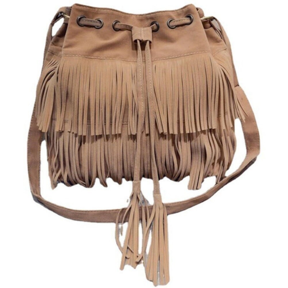 【實體店+發票】簡約復古流蘇包 流蘇抽繩水桶包 斜背包 斜跨包 單肩包 女包 包包 新款 送禮-細節圖6