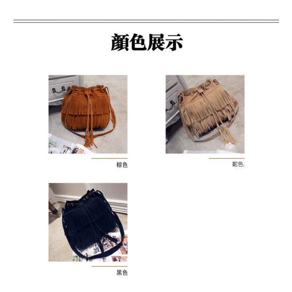 【實體店+發票】簡約復古流蘇包 流蘇抽繩水桶包 斜背包 斜跨包 單肩包 女包 包包 新款 送禮-細節圖7