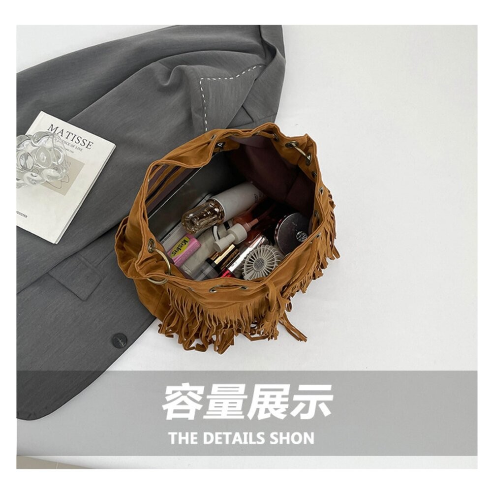 【台北士林*店面】簡約復古流蘇包 流蘇抽繩水桶包 斜背包 斜跨包 單肩包 女包 包包 新款 送禮-細節圖3