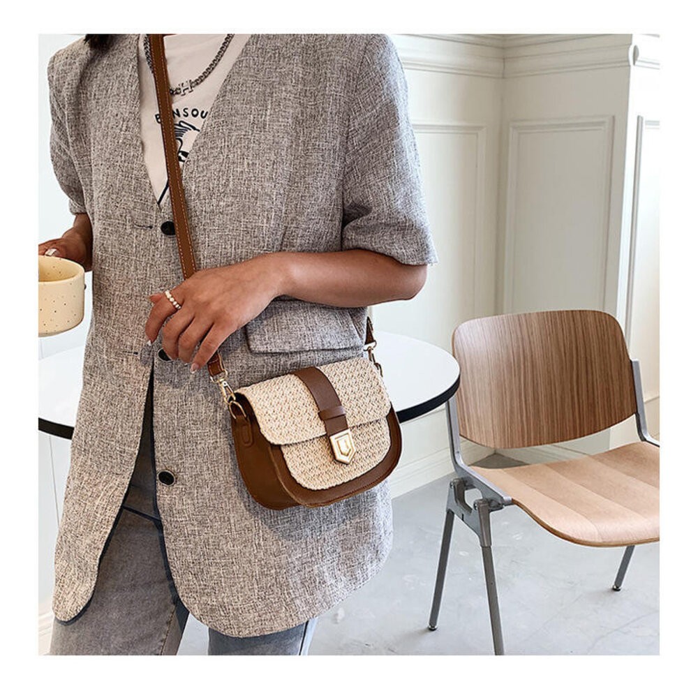 【實體店+發票】時尚韓風編織馬鞍包 氣質斜背包 包包女 洋氣編織包 個性拼接 單肩斜挎包 送禮-細節圖2