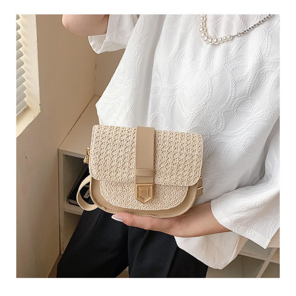 【實體店+發票】時尚韓風編織馬鞍包 氣質斜背包 包包女 洋氣編織包 個性拼接 單肩斜挎包 送禮-細節圖3