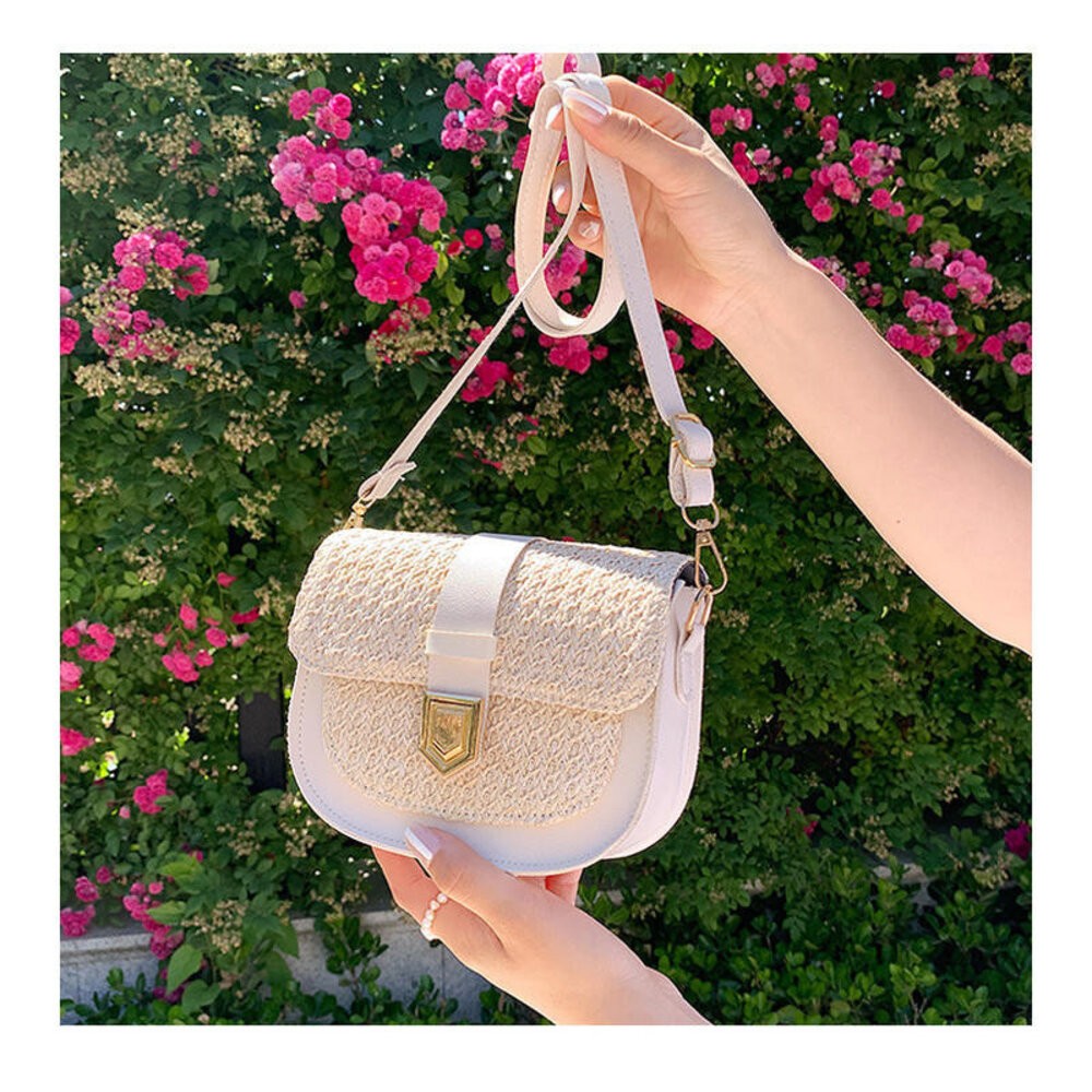 【實體店+發票】時尚韓風編織馬鞍包 氣質斜背包 包包女 洋氣編織包 個性拼接 單肩斜挎包 送禮-細節圖4