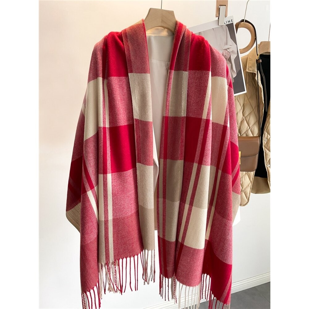 【實體店+發票】格紋流蘇披肩圍巾 針織圍巾 加厚保暖 流蘇圍脖 柔軟舒適 時尚大氣 送禮-規格圖11