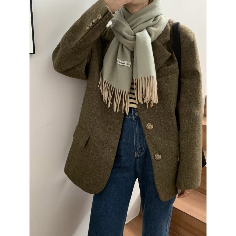 【實體店+發票】雙面純羊毛圍巾 100%澳洲羊毛 日系圍脖 純色流蘇窄版披肩 送禮情侶百搭 送禮-細節圖4