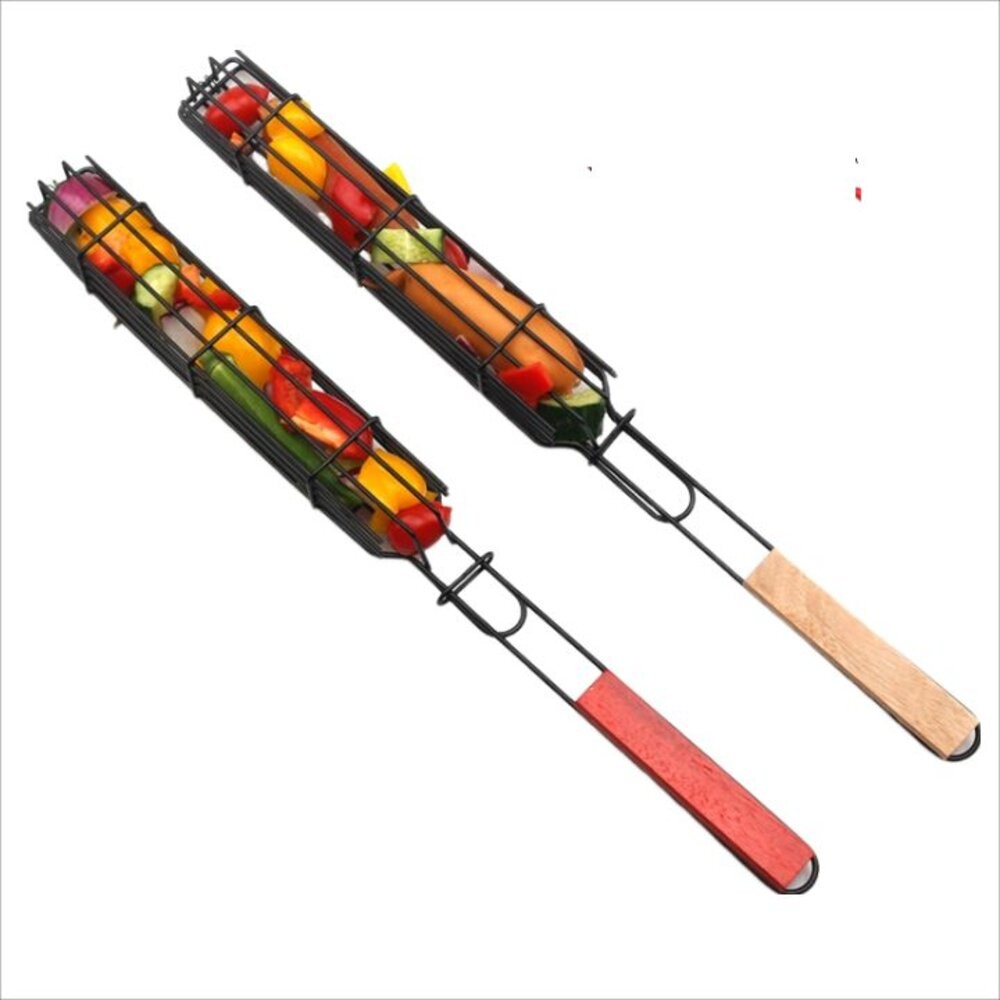 【台北士林*店面】烤肉專用香腸籃 燒烤網 燒烤籠 烤肉夾網 木柄BBQ烤網燒烤架 送禮-細節圖2