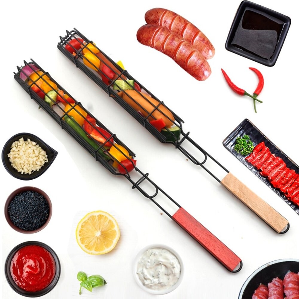 【台北士林*店面】烤肉專用香腸籃 燒烤網 燒烤籠 烤肉夾網 木柄BBQ烤網燒烤架 送禮-細節圖5