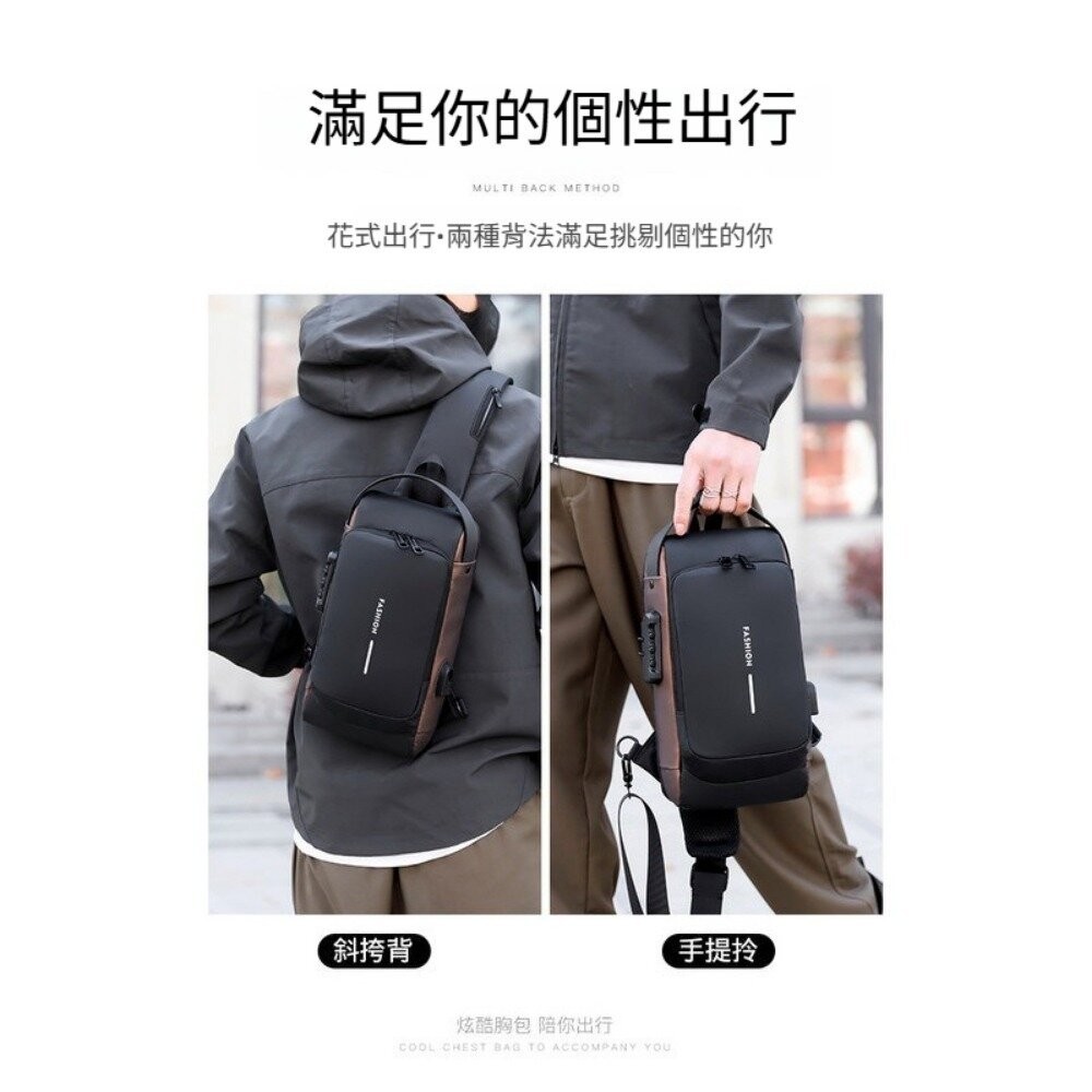 【實體店+發票】防盜密碼鎖斜挎胸包 韓版單肩斜挎包 機車包 密碼鎖潮包 耳機孔設計 送禮-細節圖3