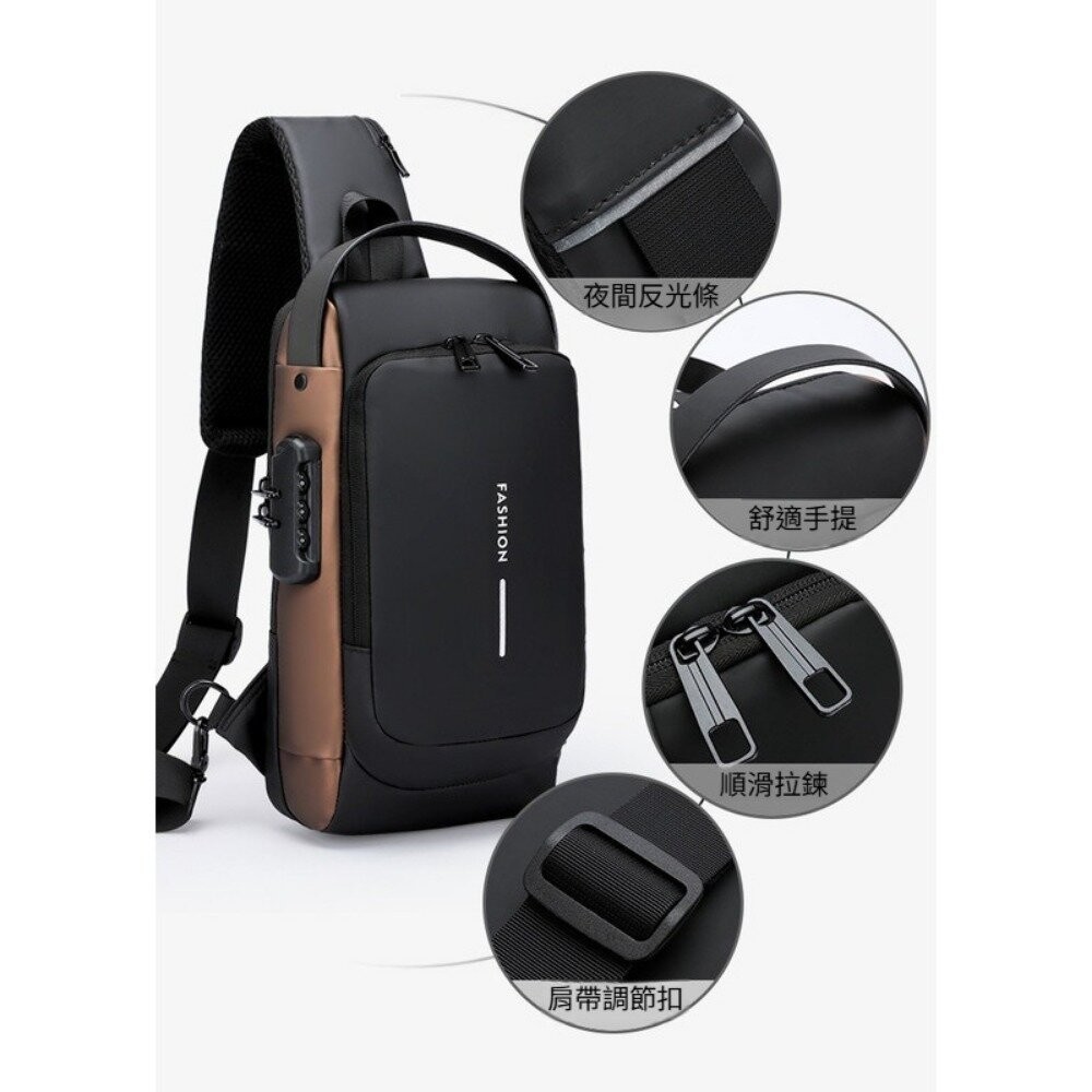 【實體店+發票】防盜密碼鎖斜挎胸包 韓版單肩斜挎包 機車包 密碼鎖潮包 耳機孔設計 送禮-細節圖4