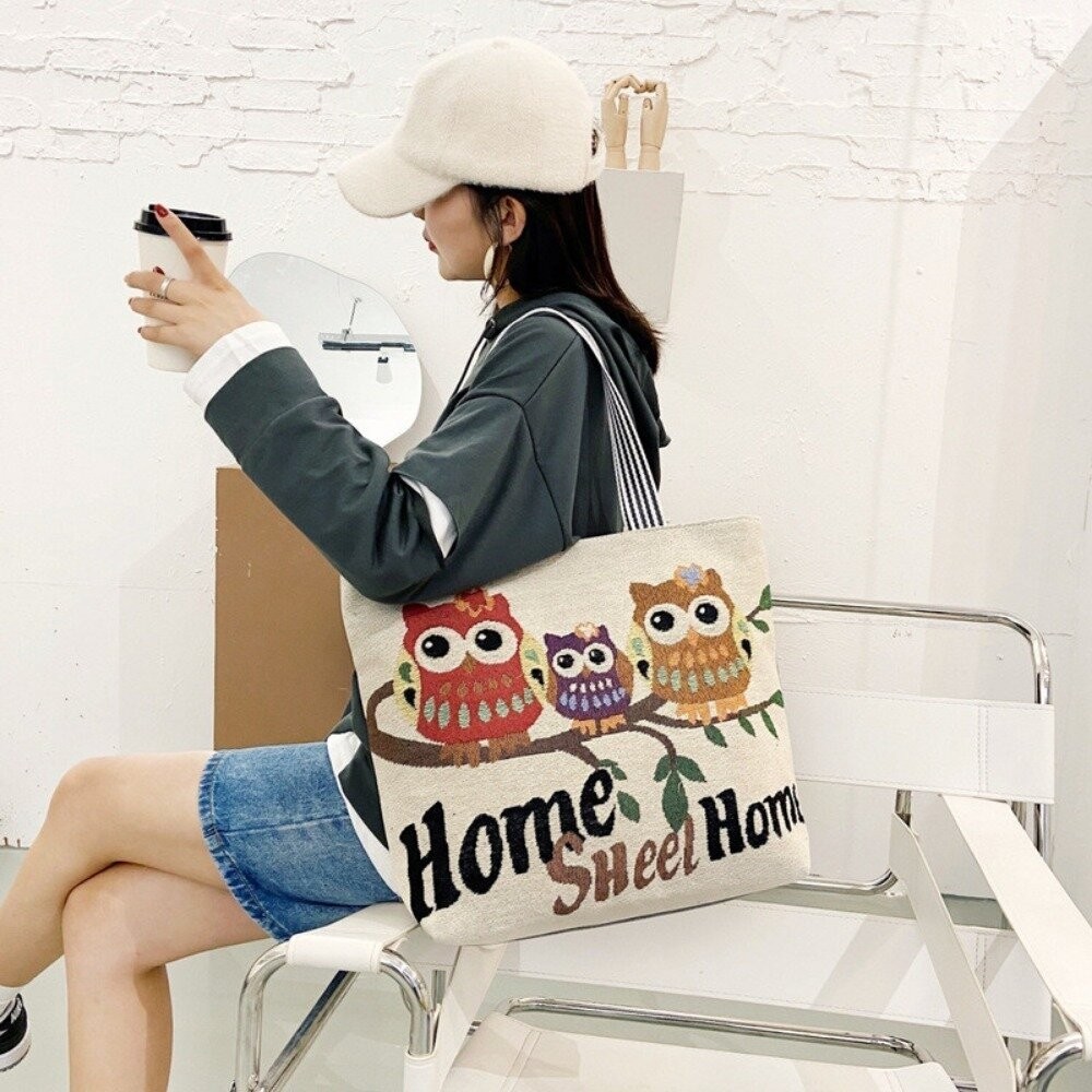 【實體店+發票】大容量時尚帆布托特包 時尚卡通刺繡單肩女包 學生手提托特包 大容量帆布袋 送禮-細節圖3