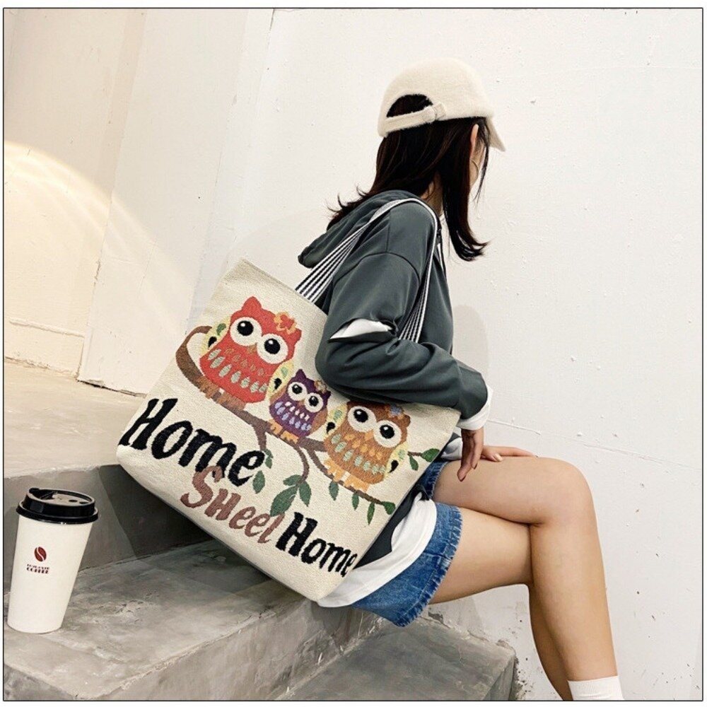 【實體店+發票】大容量時尚帆布托特包 時尚卡通刺繡單肩女包 學生手提托特包 大容量帆布袋 送禮-細節圖6