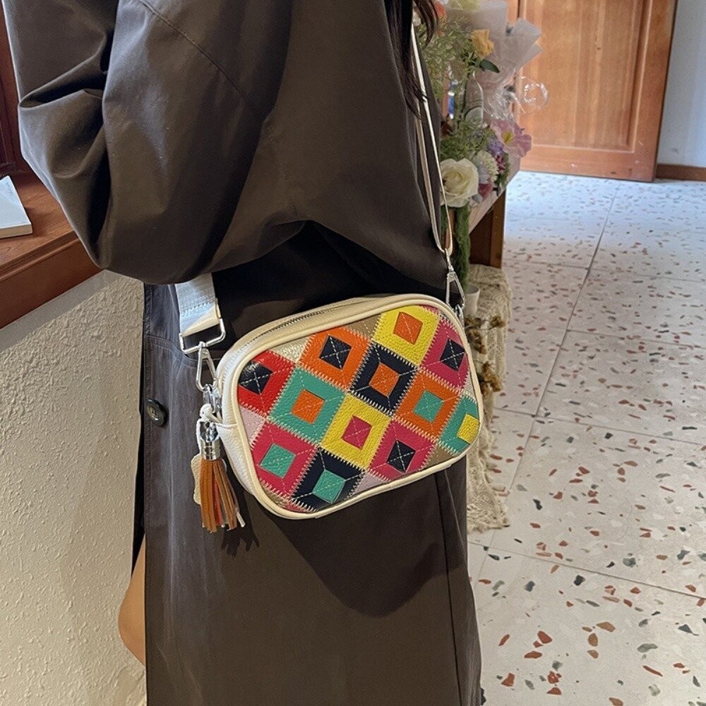 【實體店+發票】真皮繽紛撞色斜背包 頭層牛皮女包 新款時尚流行 百搭菱格斜挎包 女士撞色單肩包 送禮-細節圖2