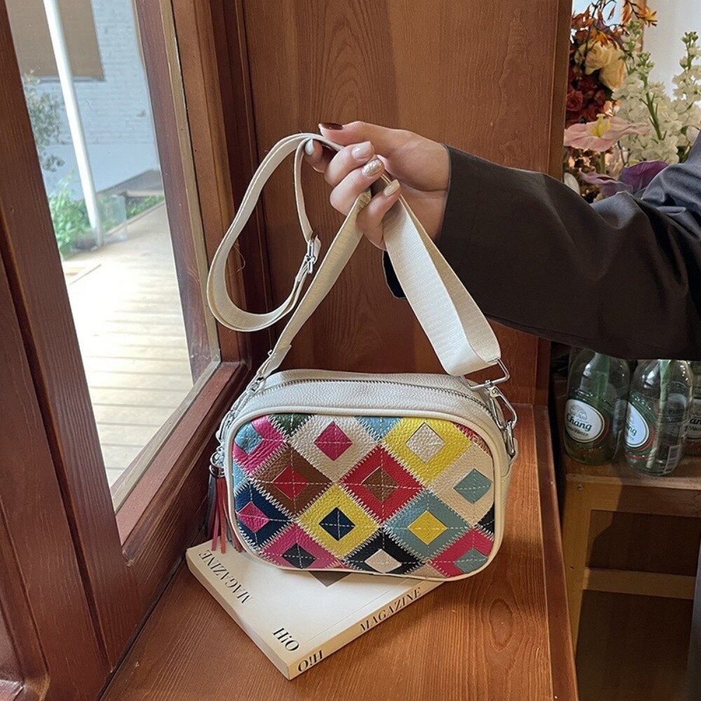 【實體店+發票】真皮繽紛撞色斜背包 頭層牛皮女包 新款時尚流行 百搭菱格斜挎包 女士撞色單肩包 送禮-細節圖3