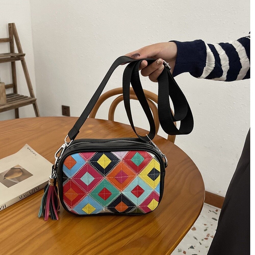 【實體店+發票】真皮繽紛撞色斜背包 頭層牛皮女包 新款時尚流行 百搭菱格斜挎包 女士撞色單肩包 送禮-細節圖6