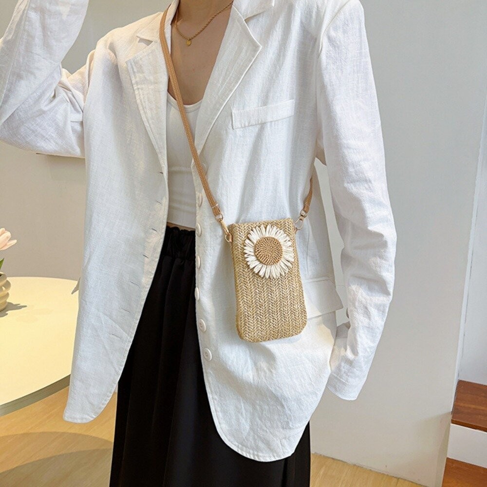 【實體店+發票】文青草編手機包 草編包包 女包 手機包 新款 環保 森系 休閒包 古風 單肩斜挎 送禮-細節圖8