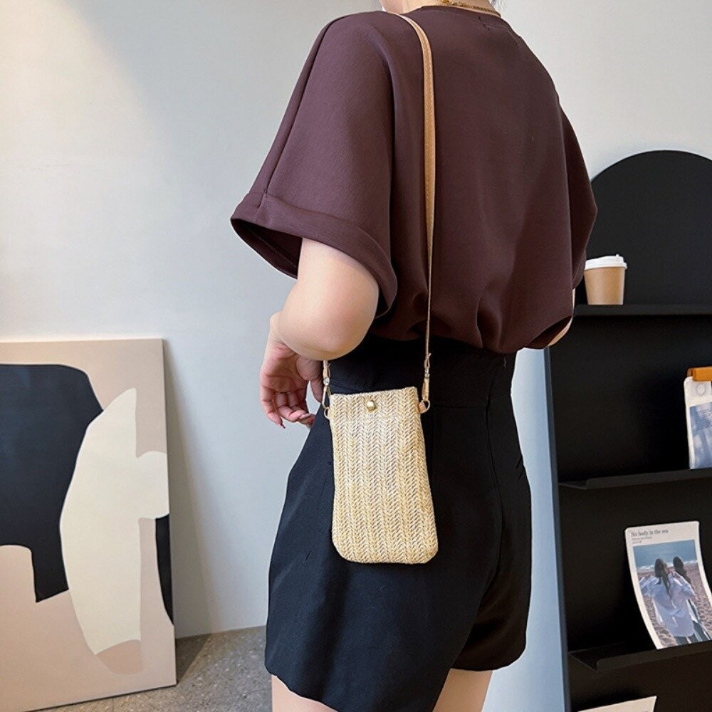 【實體店+發票】文青草編手機包 草編包包 女包 手機包 新款 環保 森系 休閒包 古風 單肩斜挎 送禮-細節圖9