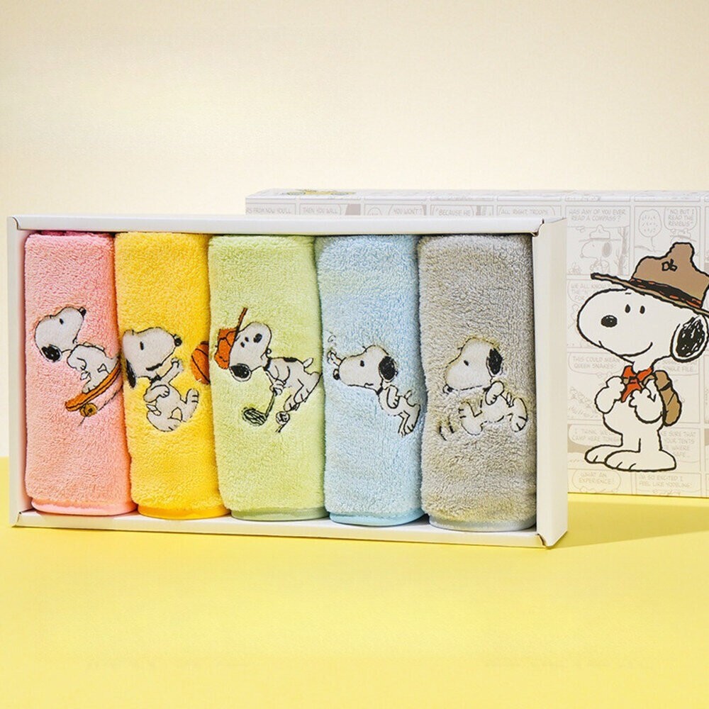 【實體店+發票】史努比珊瑚絨速乾小方巾（5入禮盒）史努比 珊瑚絨 兒童 家用 吸水速乾 方巾 可愛卡通 柔軟親膚 毛巾組-規格圖9