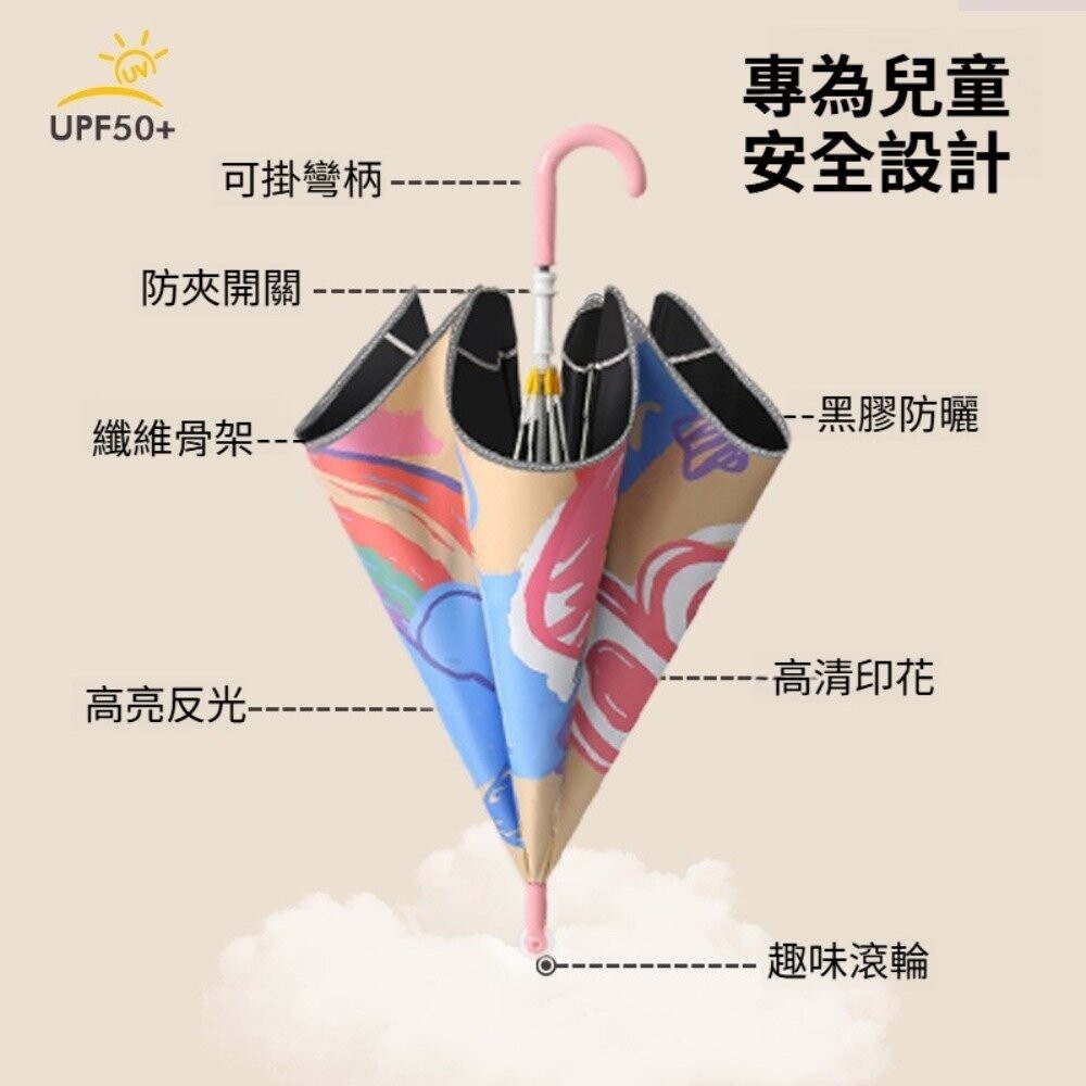 【實體店+發票】兒童圓角安全長柄傘-滾輪 兒童防曬傘 兒童雨具 兒童雨傘 可愛 遮陽 反光設計 送禮-細節圖3