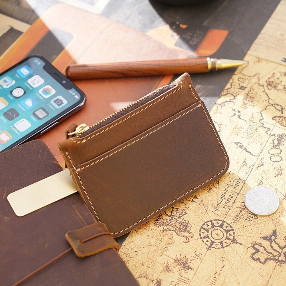 【實體店+發票】頭層牛皮簡約卡片零錢包 男女錢包 牛皮零錢包 迷你硬幣包 瘋馬皮卡包 隨身小包 質感皮件 送禮-細節圖3