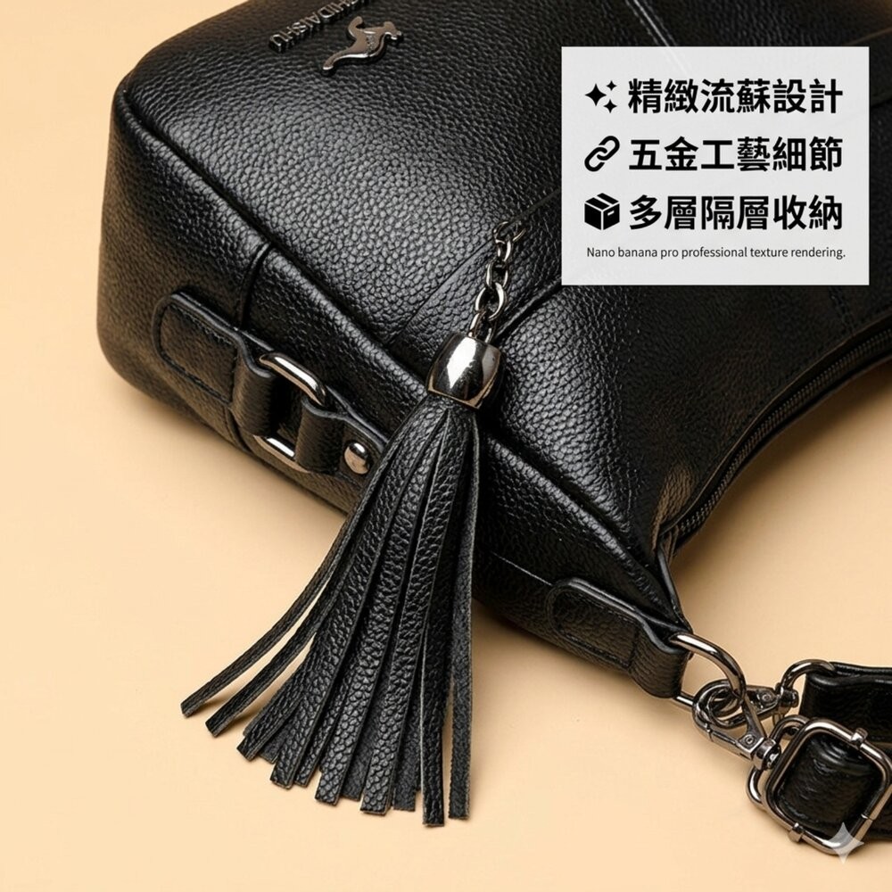 【台北士林*店面】皮革流蘇袋鼠斜背包 黑色皮革多隔層肩背包 女包 大容量 袋鼠包 流蘇 時尚 通勤包 送禮-細節圖7