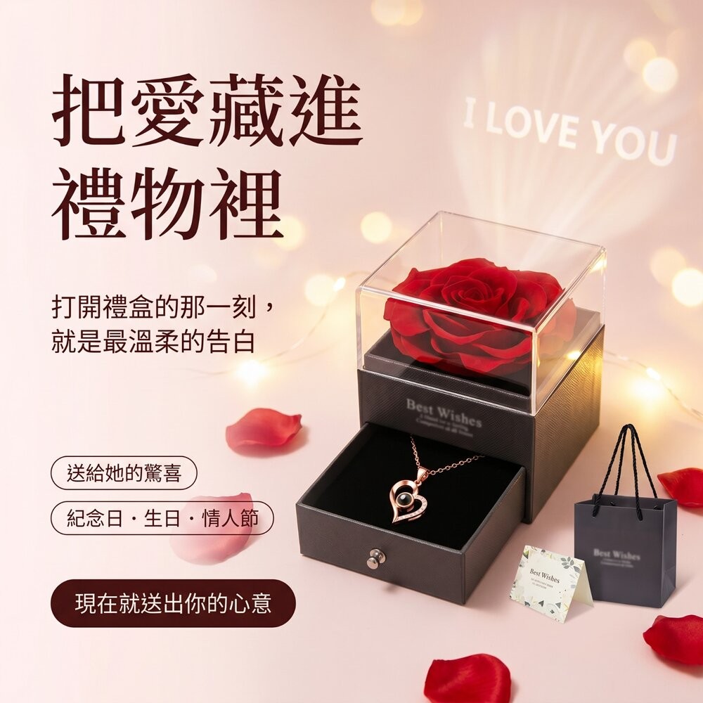 【台北士林*店面】我愛你投影石精緻項鍊禮盒 心形投影項鍊 情人節禮物 我愛你多語言 玫瑰金項鍊 浪漫禮盒 生日禮物 紀念-細節圖11