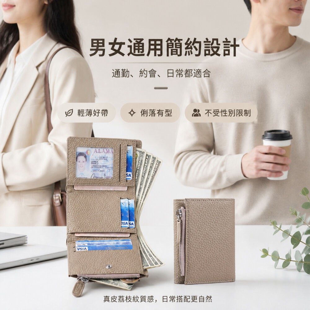 【台北士林*店面】防盜刷真皮三折錢包 日式真皮三折短夾 RFID防盜牛皮卡夾 男女通用輕薄拉鍊零錢包 送禮-細節圖8