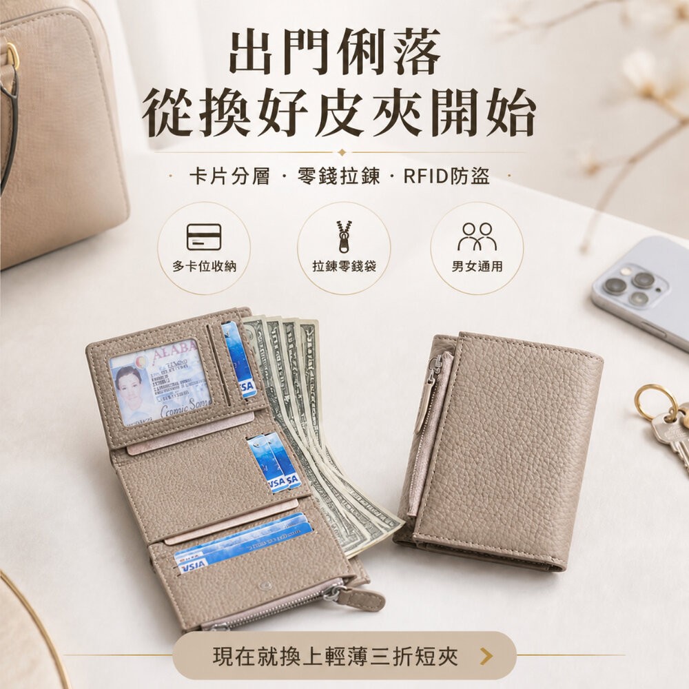 【台北士林*店面】防盜刷真皮三折錢包 日式真皮三折短夾 RFID防盜牛皮卡夾 男女通用輕薄拉鍊零錢包 送禮-細節圖9