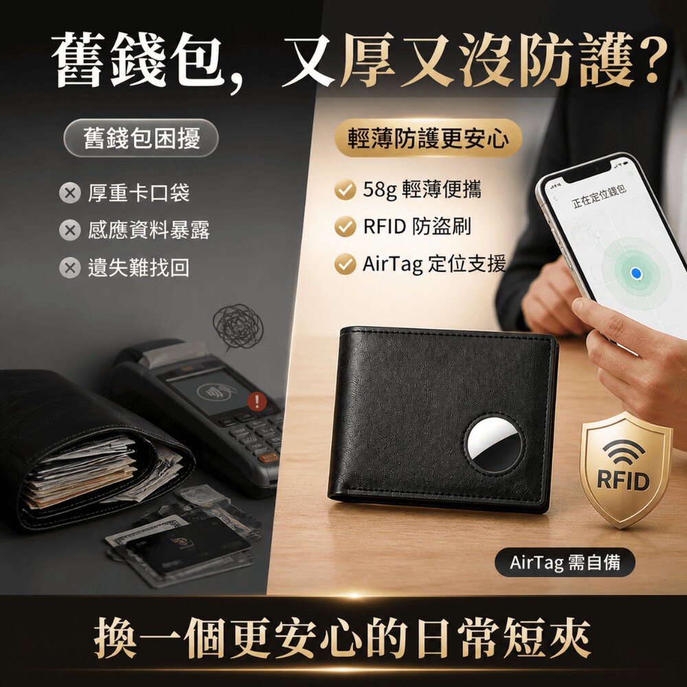 【台北士林*店面】真皮防丟防盜刷錢包 -AIRTAG需自備 定位錢夾 RFID 防盜刷 真皮輕薄  短款男士錢包 送禮-細節圖2