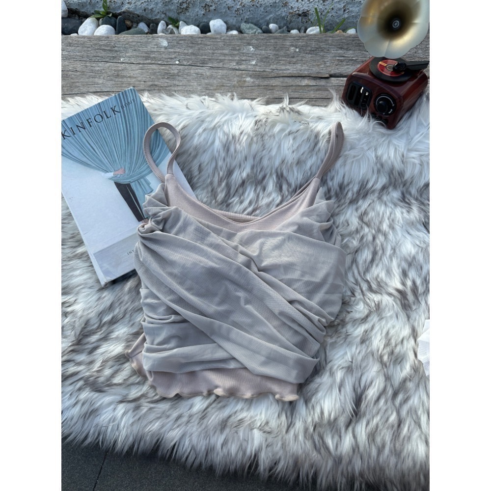 現貨｜复甜美百搭皺摺交叉網紗背心小可愛bratop-細節圖6